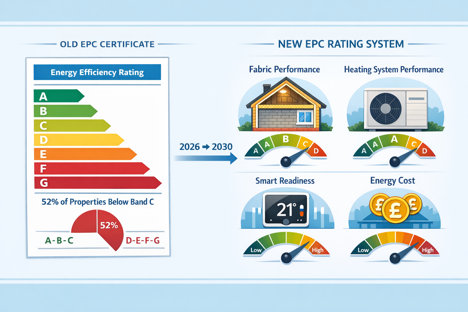 Detailed landscape format (1536x1024) illustration showing comprehensive EPC rating system transformation from 2026 to 2030. Split diagram f