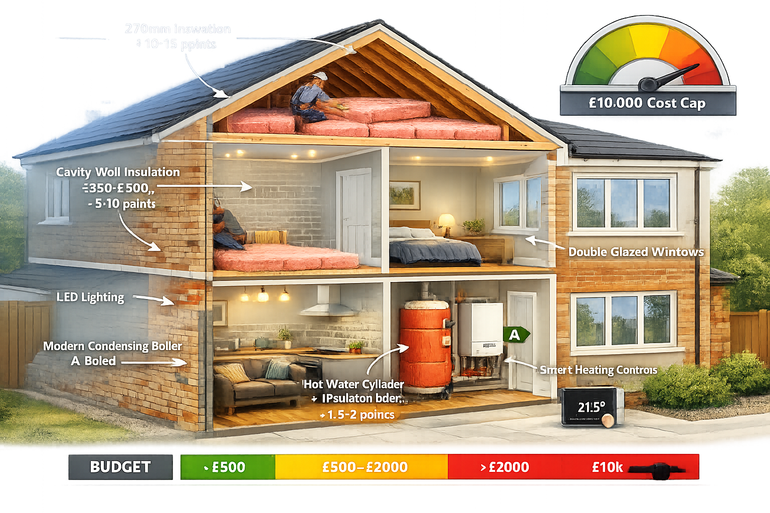 Detailed landscape format (1536x1024) cutaway architectural illustration of a residential property showing multiple retrofit improvement opp