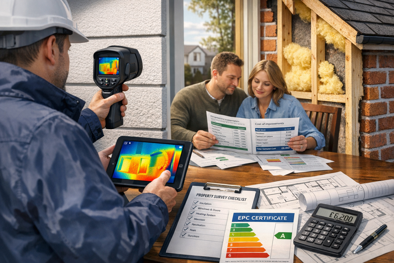 Detailed landscape format (1536x1024) professional scene showing building surveyor conducting energy performance assessment in residential p