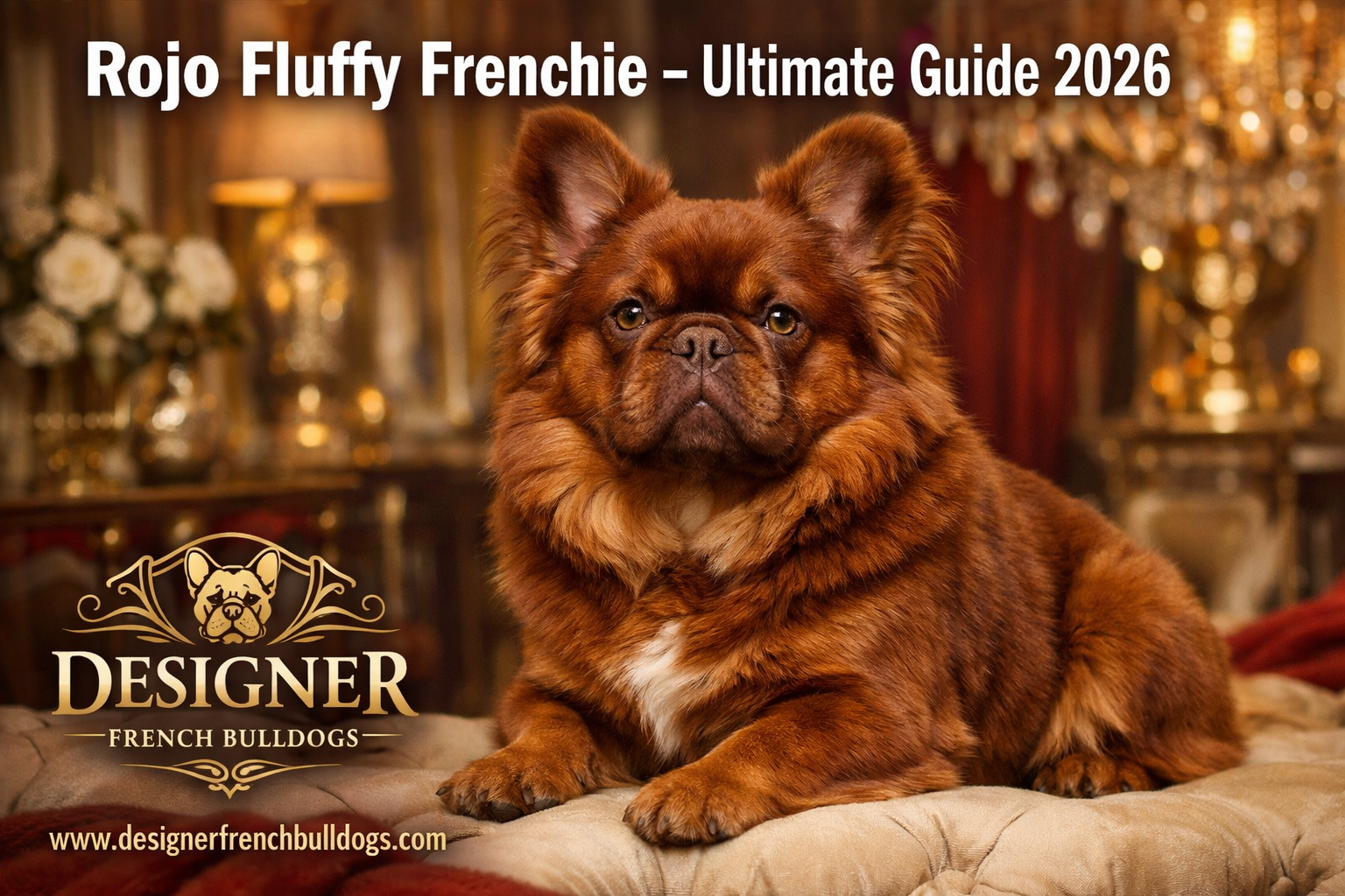 Professional landscape format (1536x1024) hero image featuring a stunning rojo fluffy French Bulldog with rich reddish-brown coat and long f