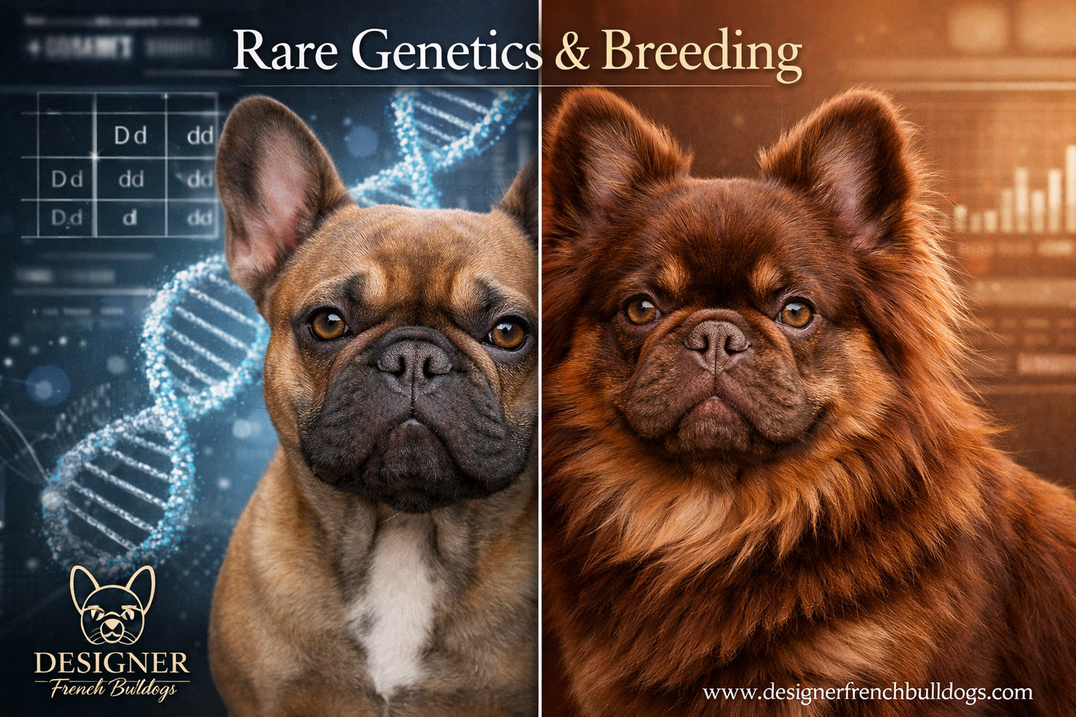 Detailed landscape format (1536x1024) image showing the unique genetics behind rojo fluffy French Bulldogs, featuring a split-screen compari