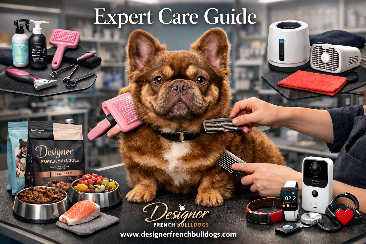 Comprehensive landscape format (1536x1024) visual showing rojo fluffy Frenchie care essentials including grooming tools, premium dog food, c