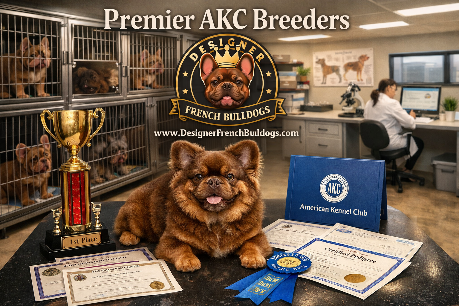 Professional landscape format (1536x1024) image featuring Designer French Bulldogs breeding facility with multiple rojo fluffy French Bulldo