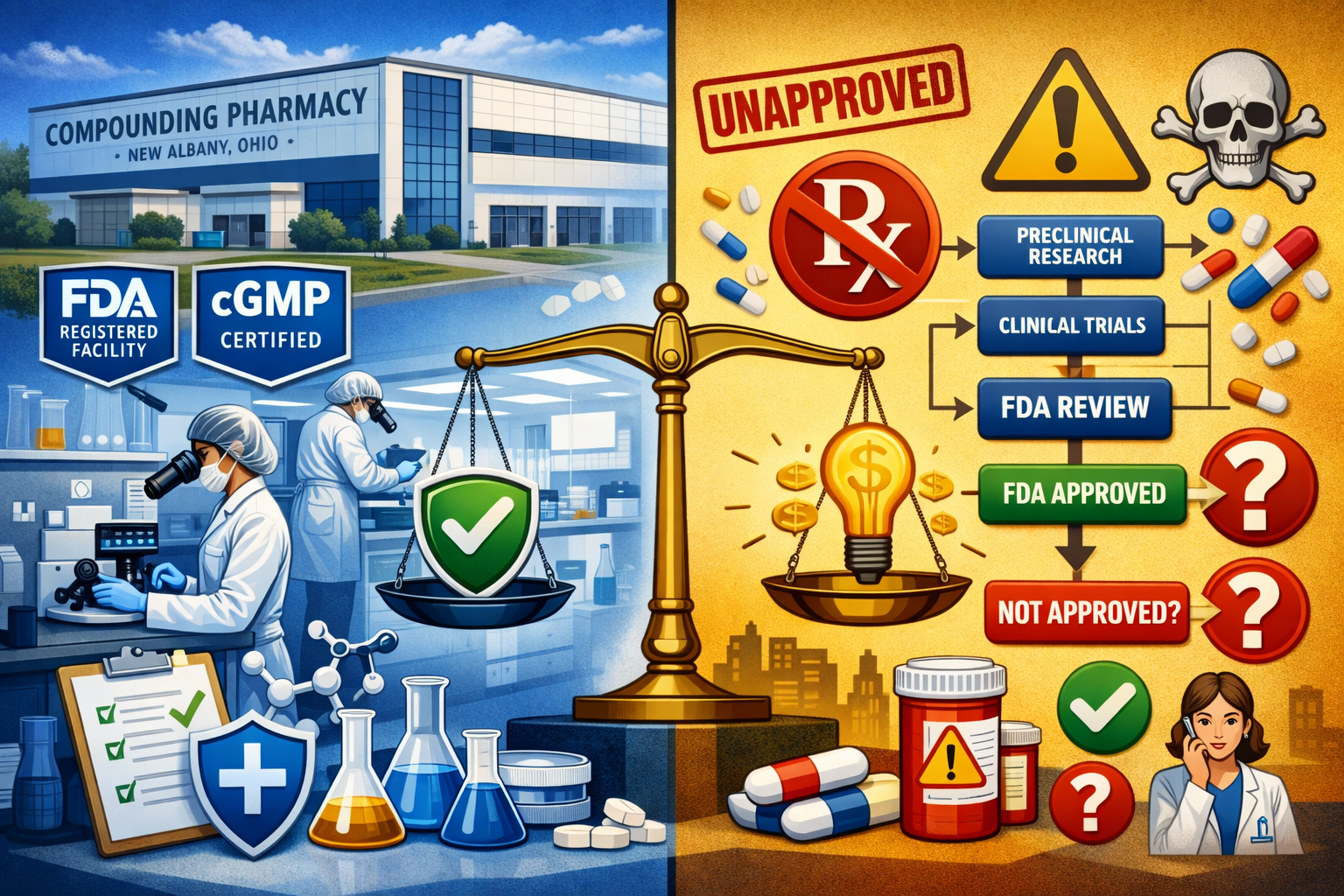 Detailed landscape format (1536x1024) conceptual illustration depicting FDA regulatory oversight and pharmaceutical compounding process. Sho