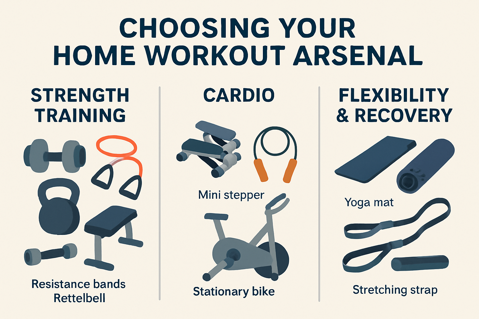 A visually engaging infographic (1536x1024) illustrating various categories of home workout equipment for different fitness goals. On the le