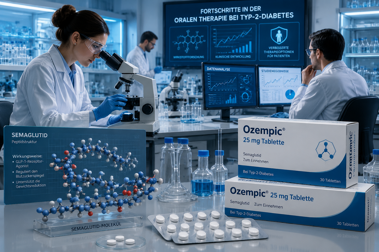 Ozempic 25 mg Tablette: Novos Plan für T2D-Therapie – Wann kommt Rybelsus-Nachfolger? Detailliertes Landschaftsformat () Bild einer modernen Laborumgebung, in der Wissenschaftler in weißen Kitteln an