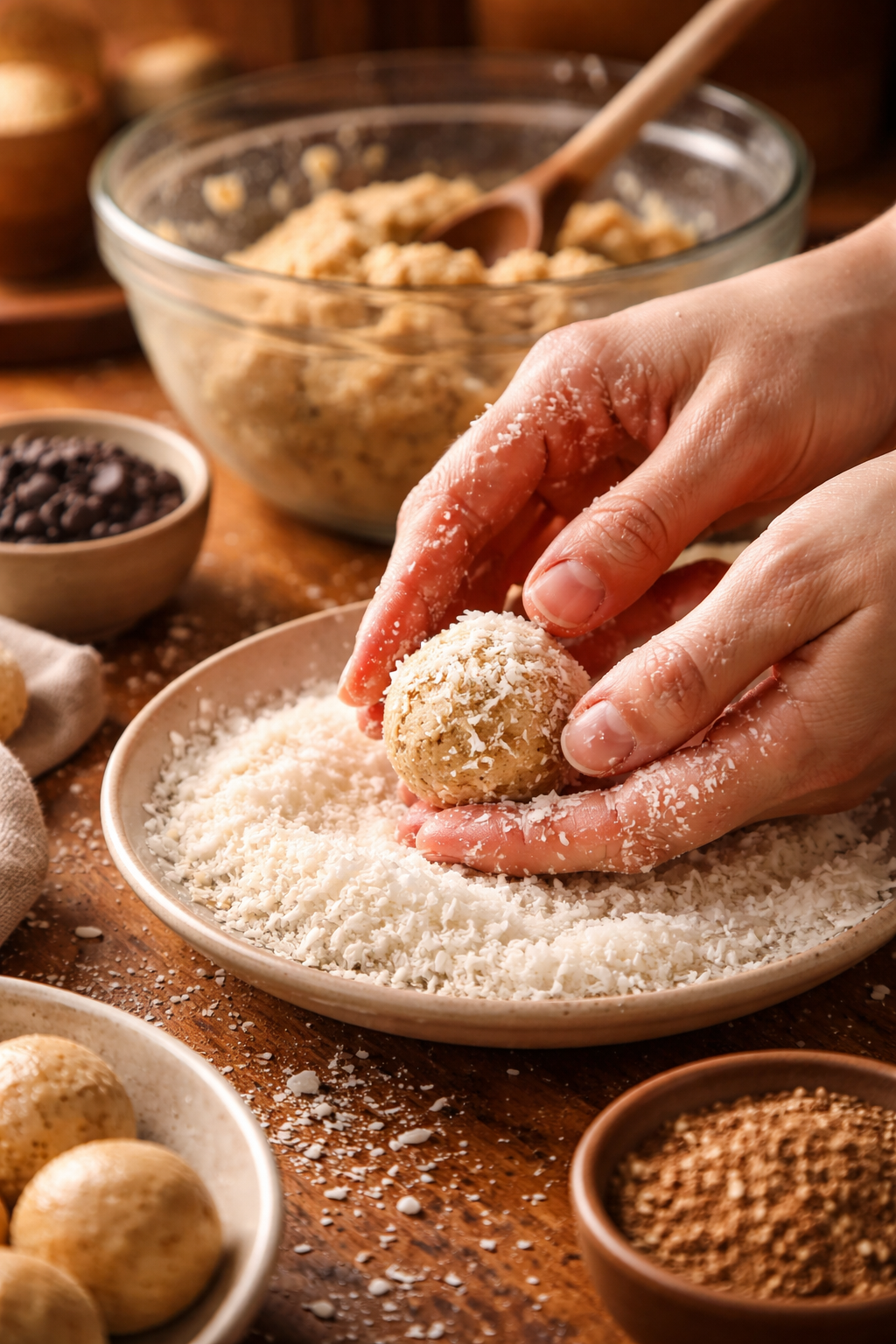 Six varieties of vanilla protein balls in ceramic dishes