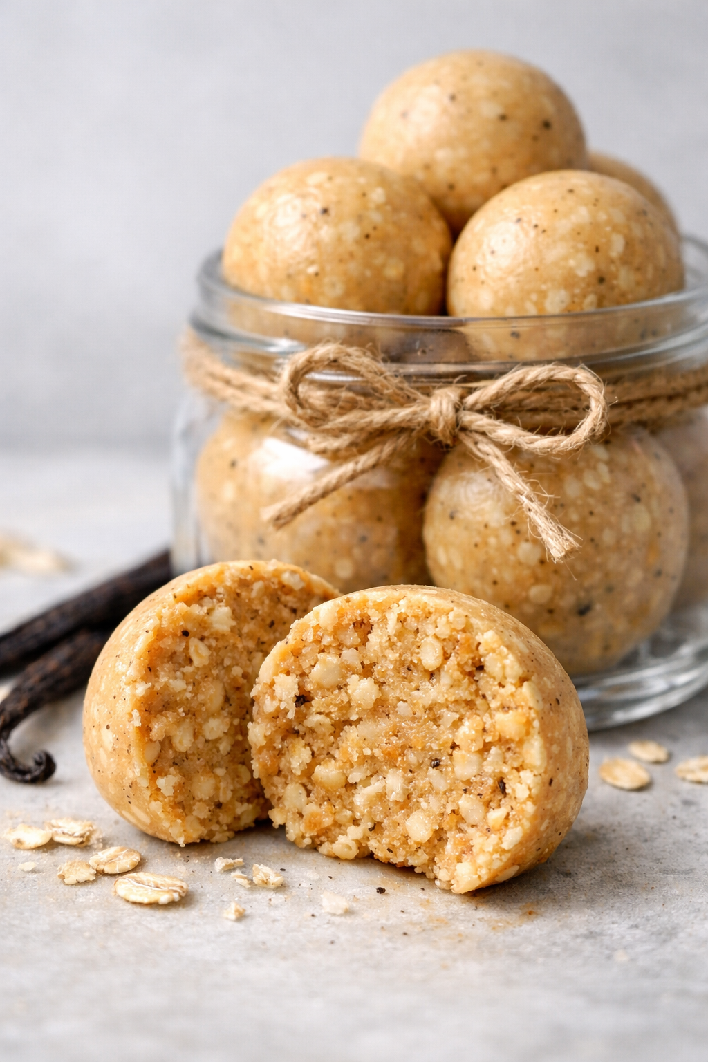 Hands rolling vanilla protein balls in coconut flakes