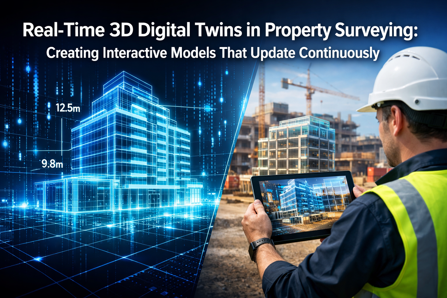 Professional landscape format (1536x1024) hero image featuring bold text overlay 'Real-Time 3D Digital Twins in Property Surveying: Creating