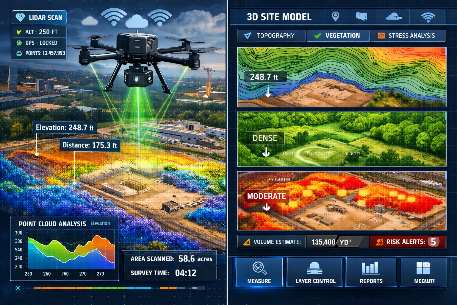 Landscape format (1536x1024) detailed illustration showing autonomous drone hovering above large commercial property development site, captu