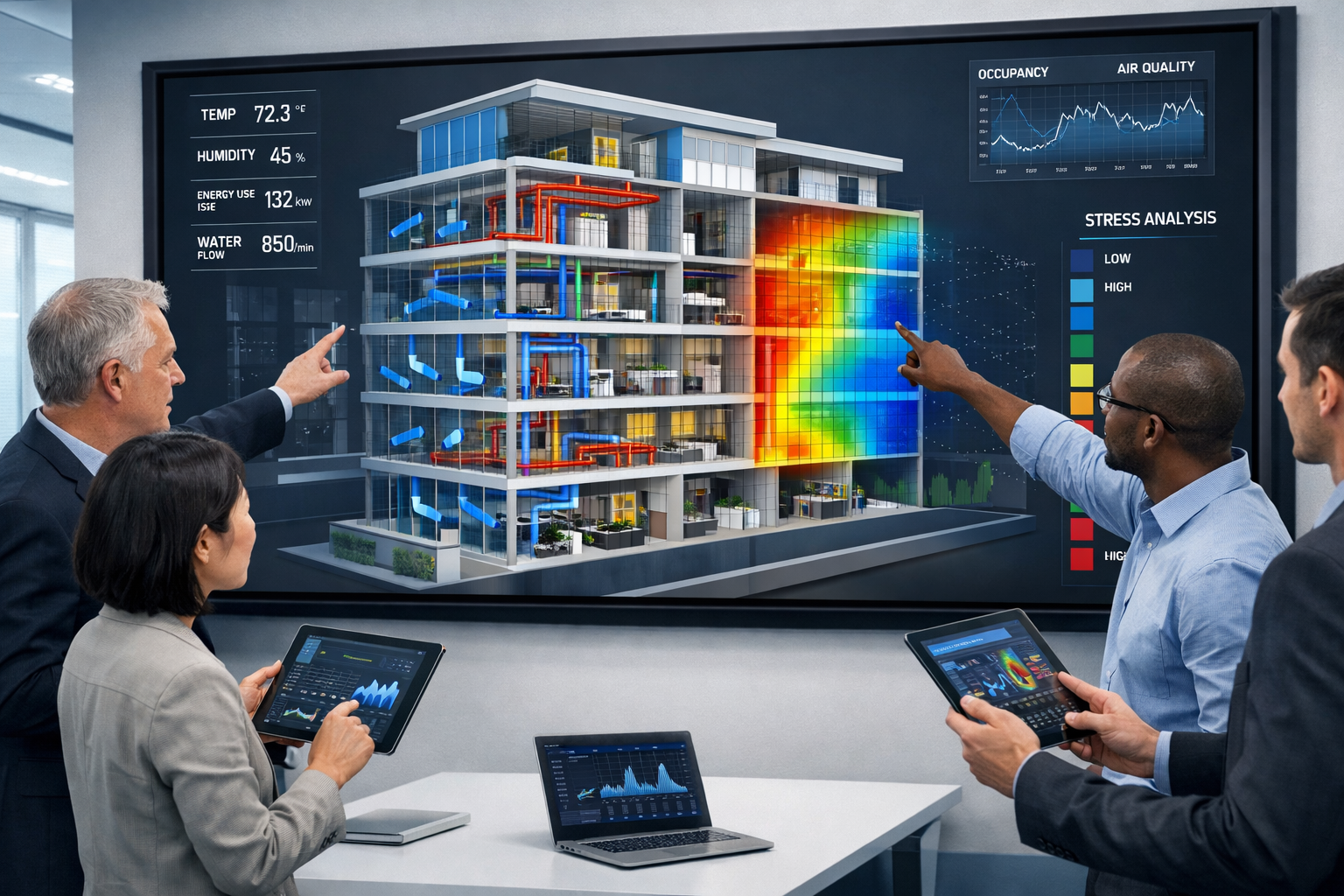 Landscape format (1536x1024) professional visualization of collaborative workspace showing multiple stakeholders interacting with large wall