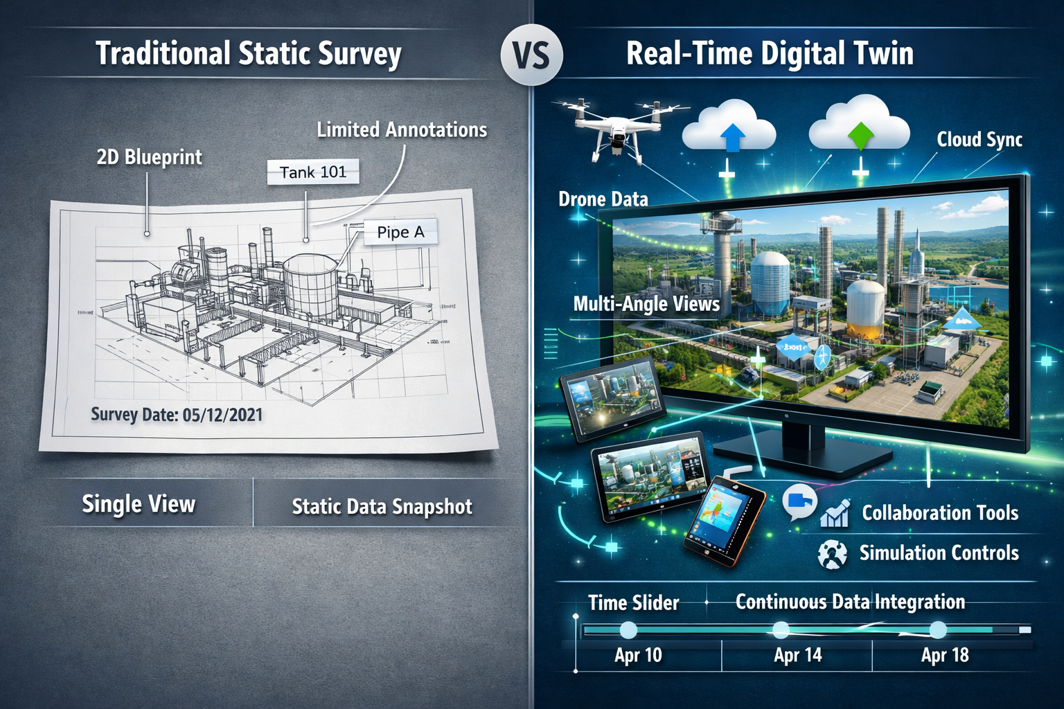 Landscape format (1536x1024) detailed comparison infographic showing traditional static survey deliverable versus real-time digital twin. Le