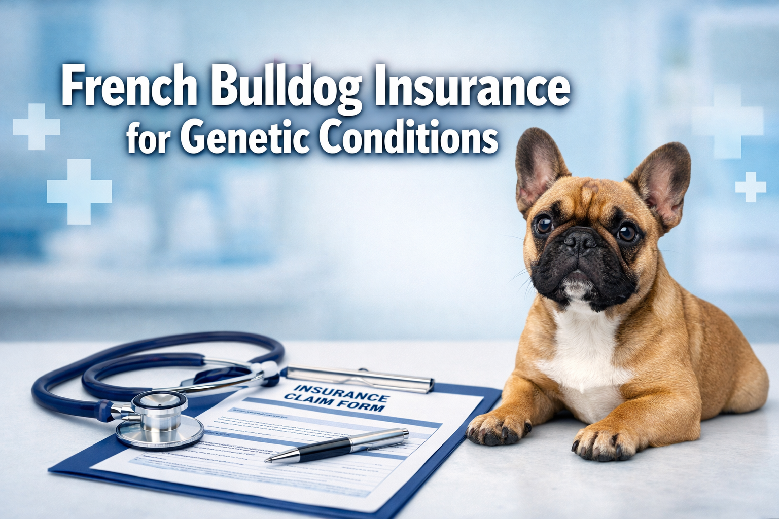 Professional landscape format (1536x1024) hero image featuring bold text overlay 'French Bulldog Insurance for Genetic Conditions' in extra