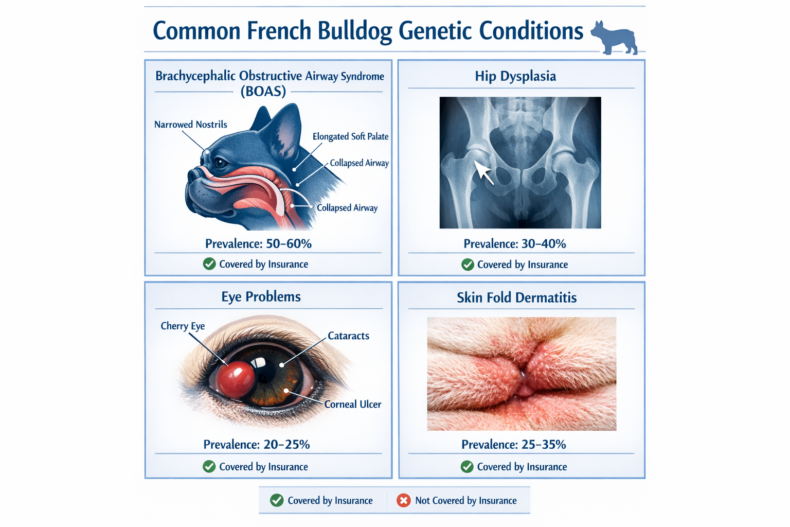 Portrait format (1024x1536) infographic showing common French Bulldog genetic conditions with medical illustrations: BOAS breathing diagram,