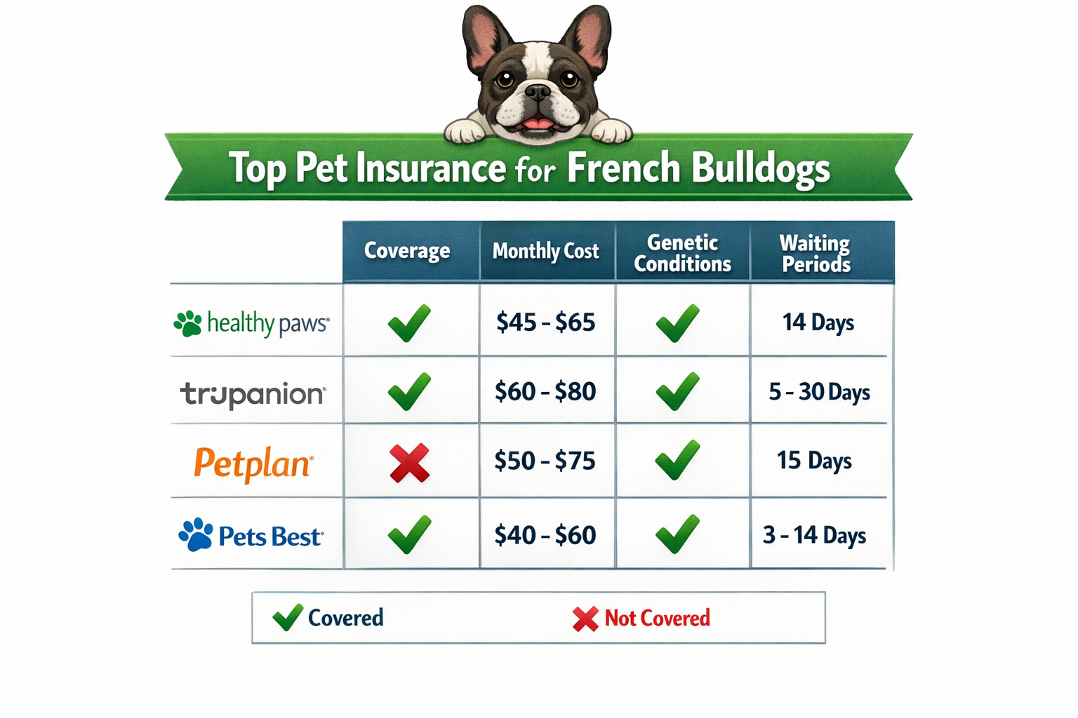 Portrait format (1024x1536) comparison chart displaying top pet insurance providers for French Bulldogs. Split-screen layout showing coverag