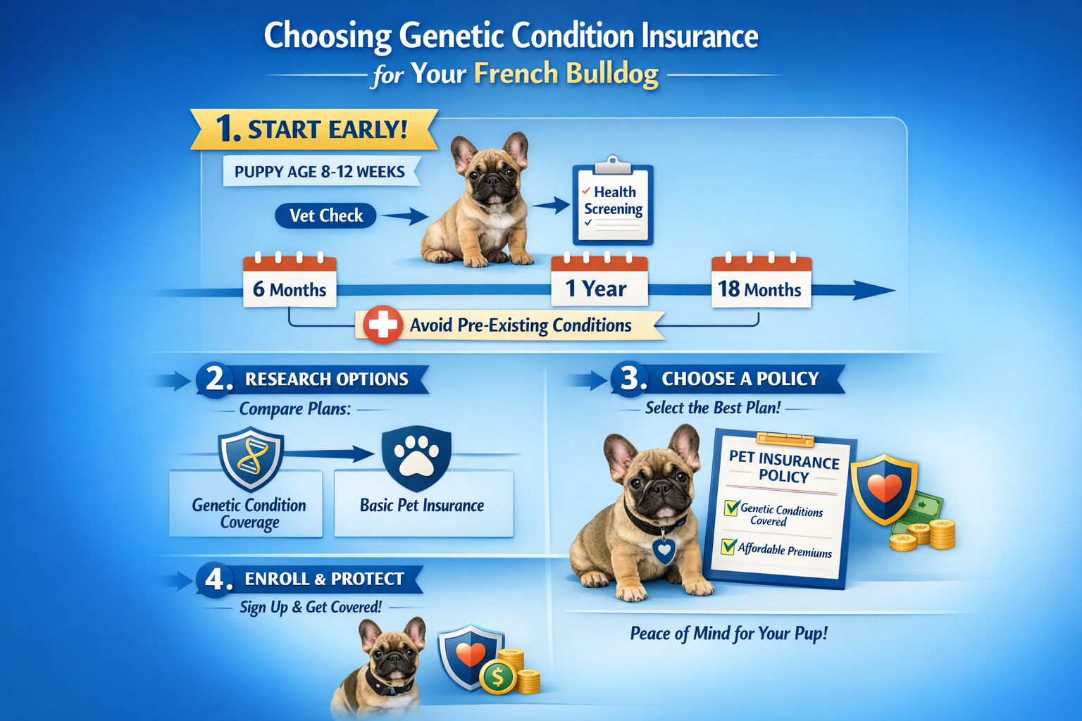 Portrait format (1024x1536) step-by-step visual guide for choosing French Bulldog genetic condition insurance. Numbered process flow from pu