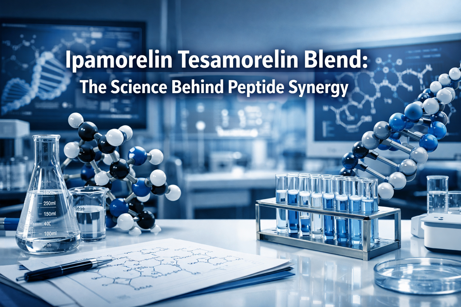 Professional landscape hero image (1536x1024) featuring bold text overlay 'Ipamorelin Tesamorelin Blend: The Science Behind Peptide Synergy'