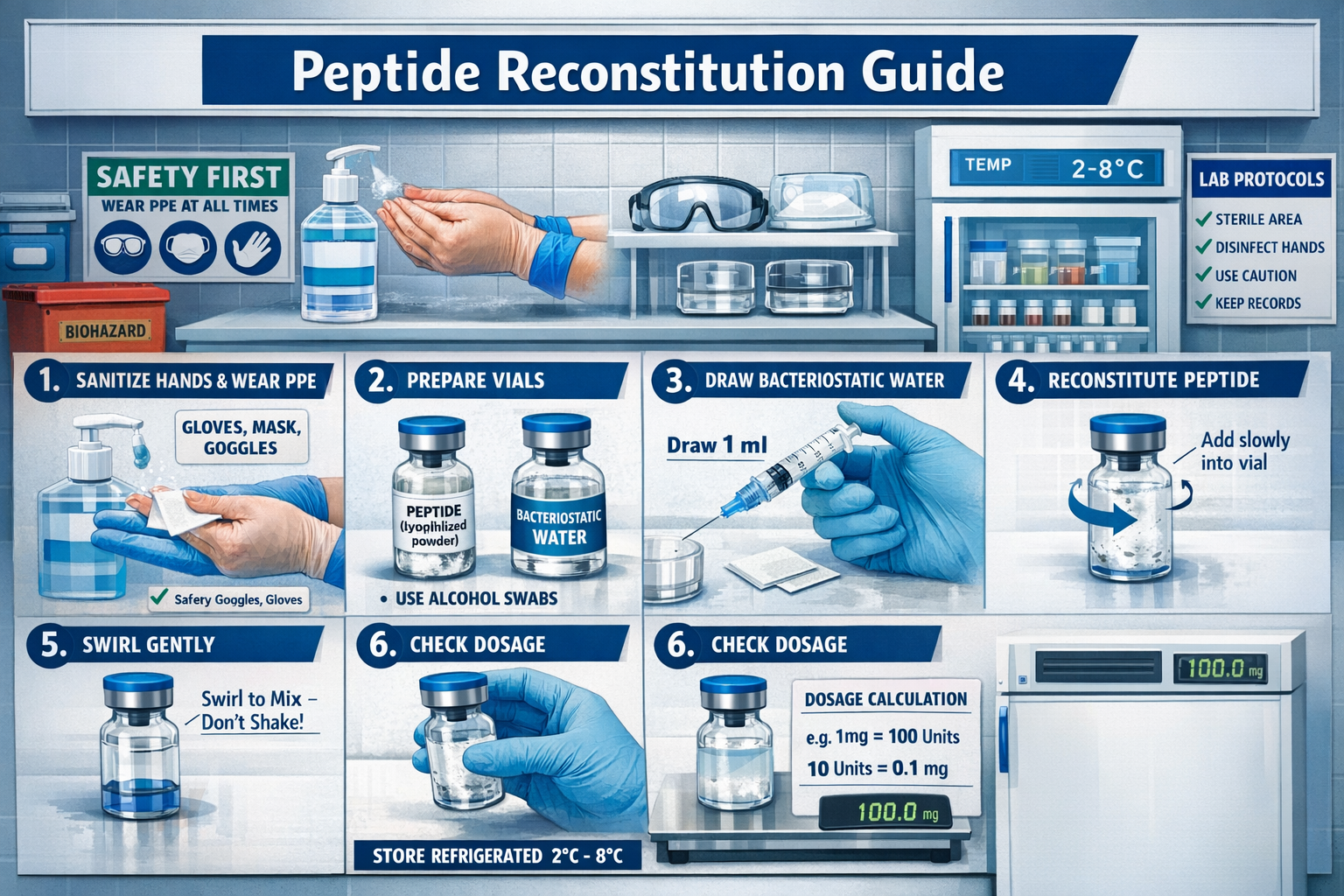 Research laboratory scene showing proper peptide reconstitution process with sterile vials, bacteriostatic water, syringes, and measurement 