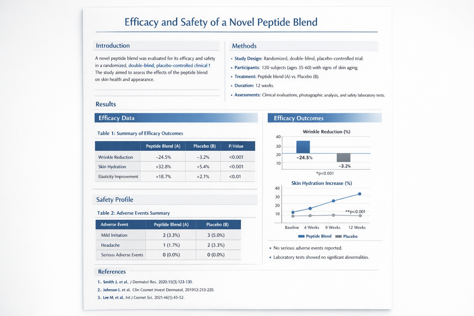 Professional research documentation layout showing peptide blend research findings, data tables, efficacy charts, and safety profiles. Scien