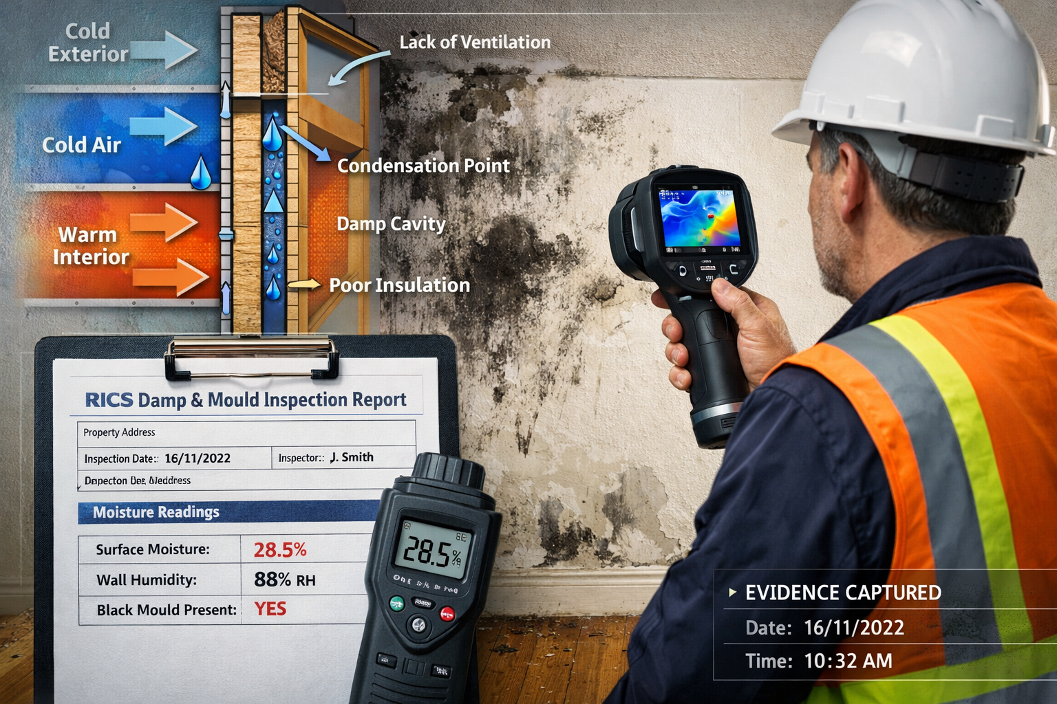Detailed () image showing professional surveyor in high-visibility vest conducting detailed damp and mould inspection in