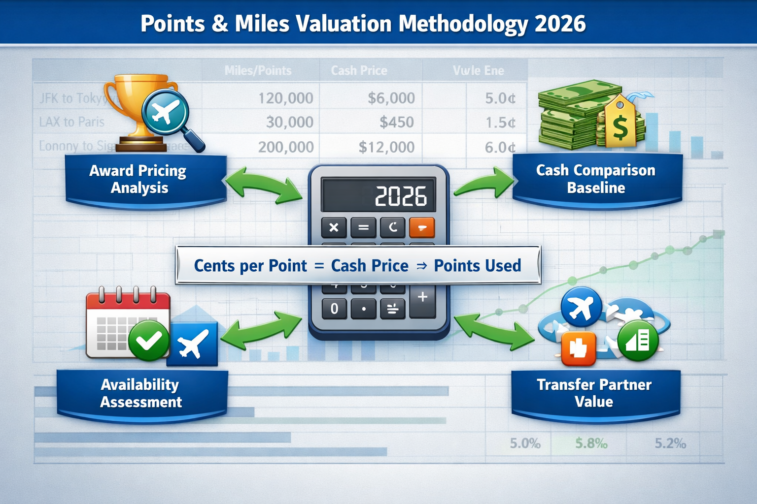 Detailed landscape infographic (1536x1024) showing methodology framework for calculating points and miles valuations in 2026. Visual include
