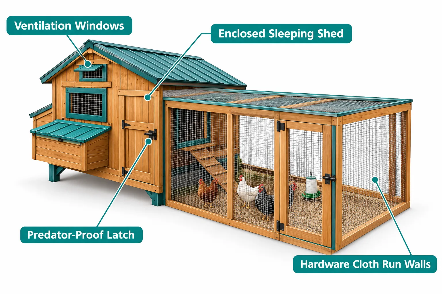 Annotated isometric illustration () of a DIY chicken coop shed with attached run, four labeled callout lines pointing to: