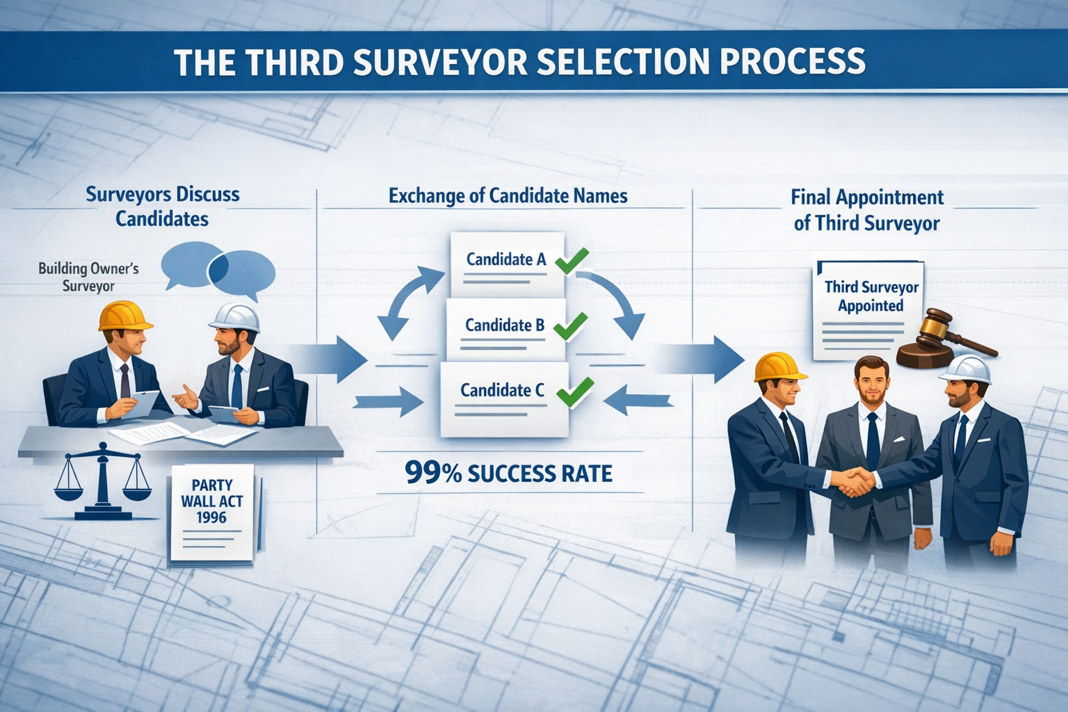 () detailed infographic showing the Third Surveyor selection process flowchart with three distinct stages: two appointed