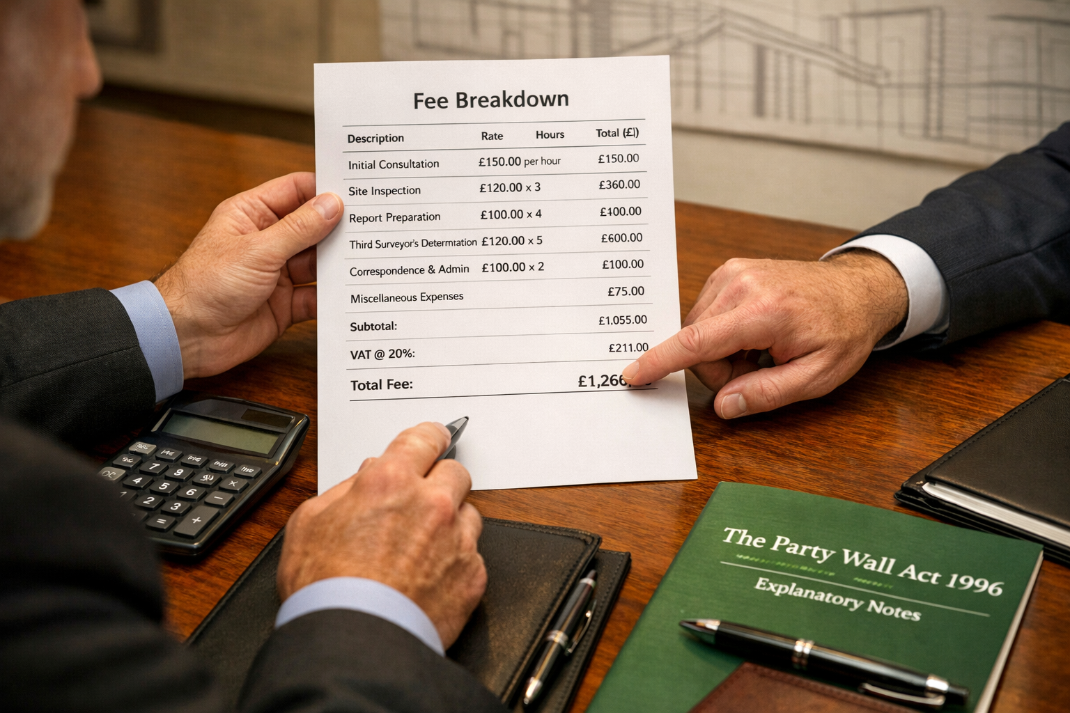 () professional photograph of a formal fee negotiation meeting scene showing a Third Surveyor presenting a detailed fee