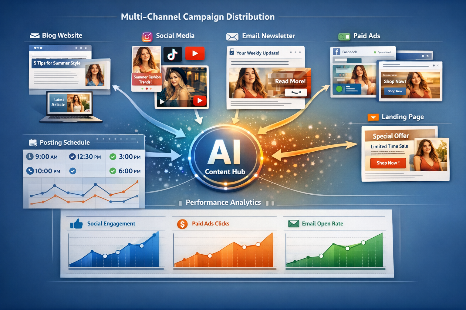 Detailed landscape format (1536x1024) infographic showing multi-channel distribution workflow from single AI-generated campaign. Center show