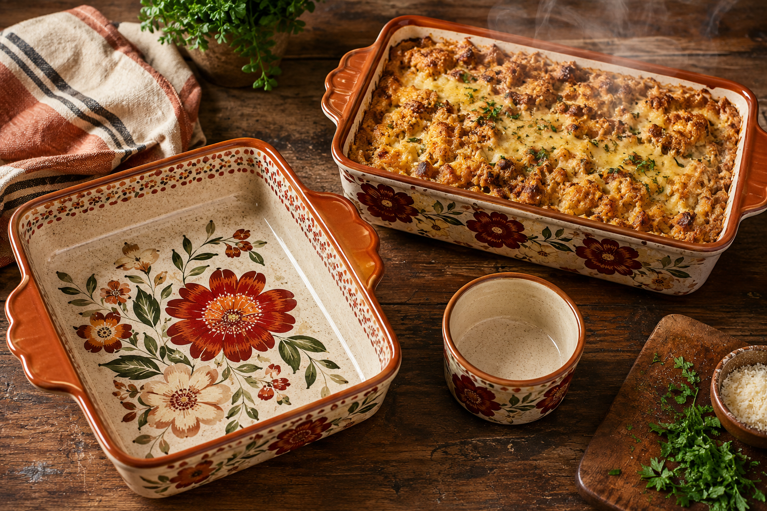 Landscape format (1536x1024) editorial photo showing a close-up overhead flat-lay of Temptations stoneware bakeware pieces in a bold floral pattern, arranged on a rustic wooden kitchen table. Visible pieces include a rectangular baker, a casserole dish, and a small ramekin. Steam rising from a freshly baked casserole, golden-brown crust visible. Warm kitchen lighting, terracotta and cream color palette, food photography aesthetic, sharp detail on the glazed ceramic surface texture.

Temptations Bakeware Set