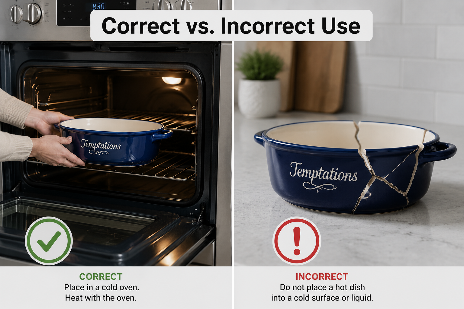 Landscape format (1536x1024) split-composition image showing on the left side a Temptations stoneware dish being placed into a cold oven (oven door open, interior light on), and on the right side a cracked ceramic dish with visible thermal fracture lines on a kitchen counter. Bold text label 'Correct vs. Incorrect Use' in dark sans-serif overlaid at the top center. Clinical, instructional aesthetic, bright kitchen lighting, neutral gray and white tones with red warning accent on the cracked piece side.

Are There Safety Concerns with the Temptations Bakeware Set?