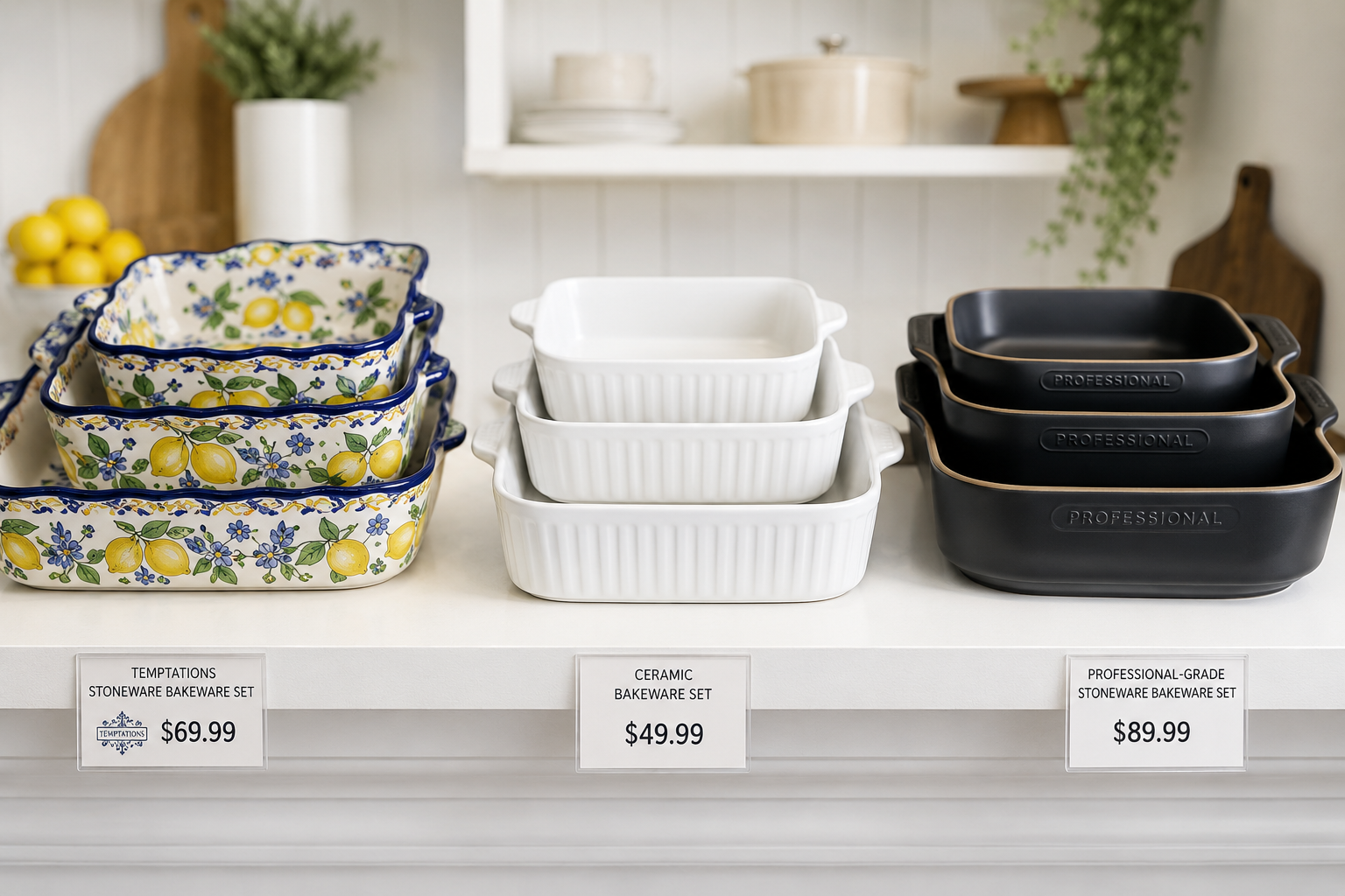 Landscape format (1536x1024) comparison-style image showing three bakeware sets side by side on a clean white kitchen shelf: Temptations stoneware in a colorful lemon pattern on the left, a plain white ceramic set in the center, and a dark stoneware professional-grade set on the right. Small price tags visible beneath each. Bright studio lighting, clean product photography aesthetic, minimal background, slight depth-of-field blur on outer edges, focus sharp on center set for contrast.

Is the Temptations Bakeware Set Worth Buying in 2026?