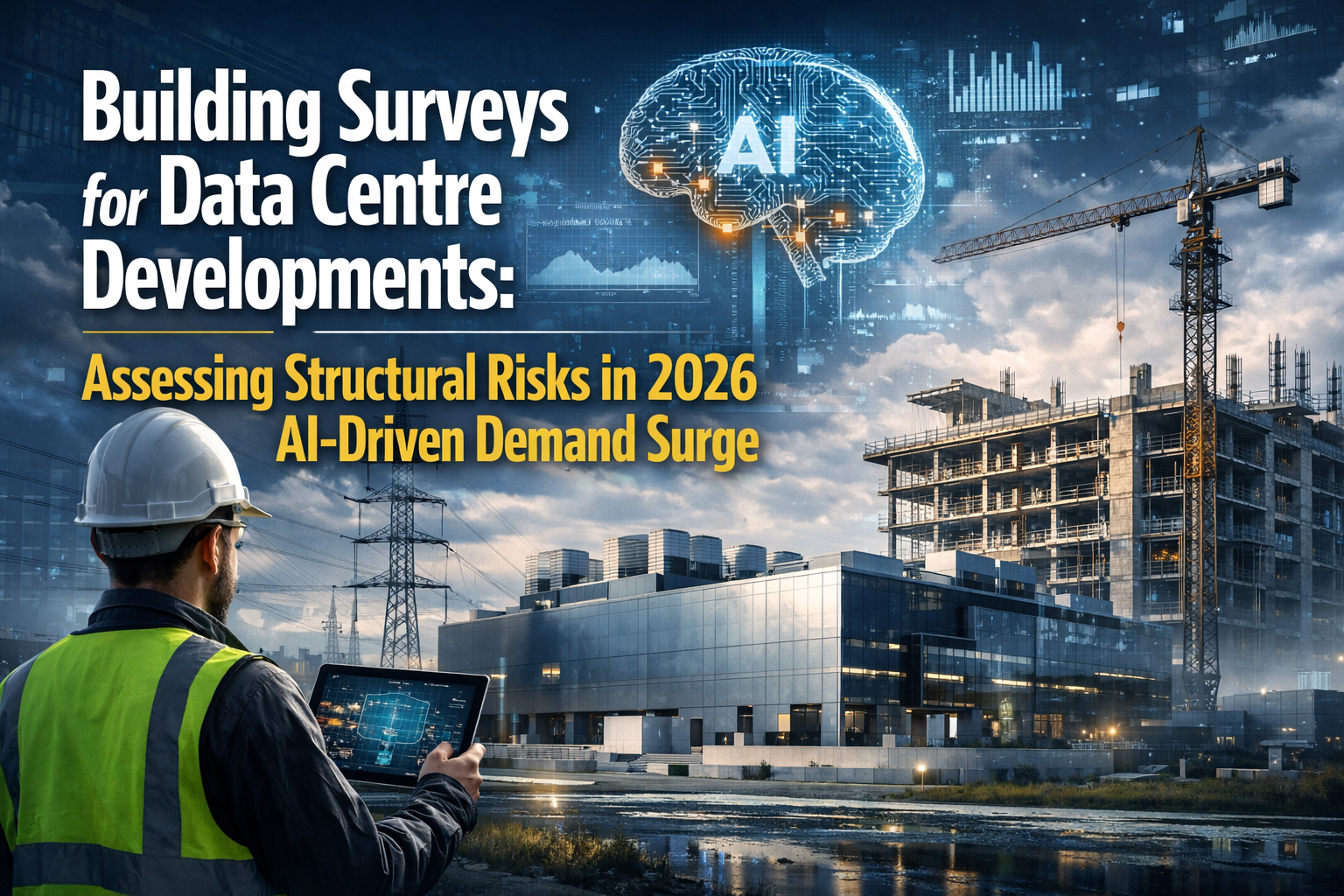 Professional landscape hero image (1536x1024) with bold text overlay: "Building Surveys for Data Centre Developments: Assessing Structural R