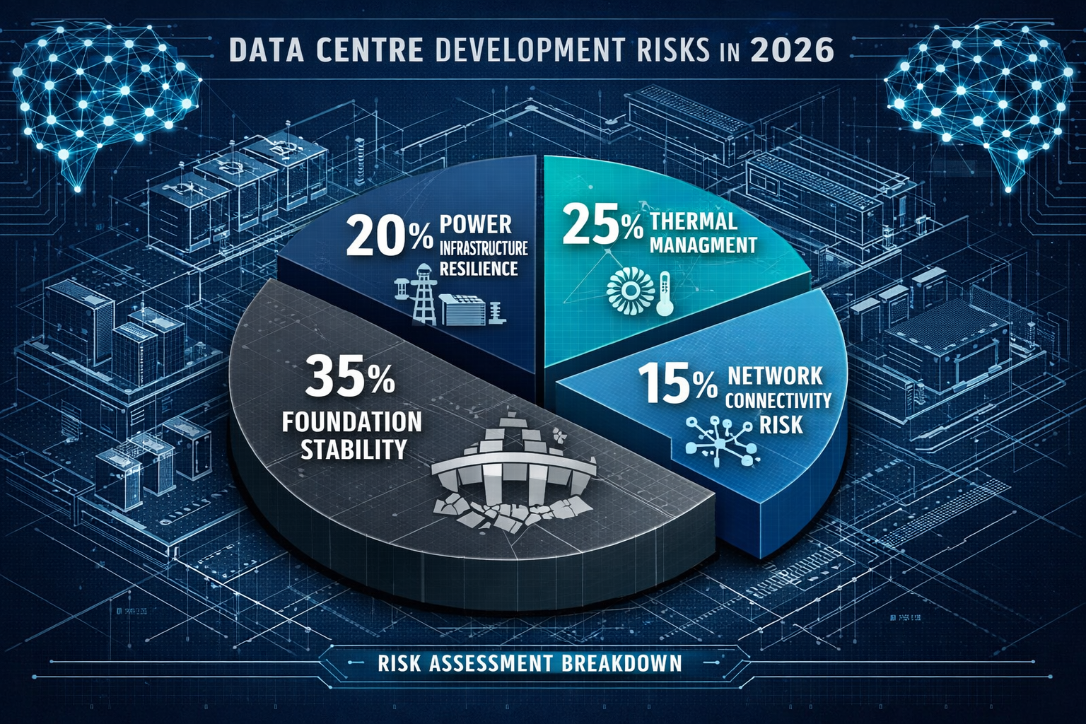 Key Takeaways visual: Isometric infographic depicting data centre development risks in 2026, with layered architectural blueprint overlaid w