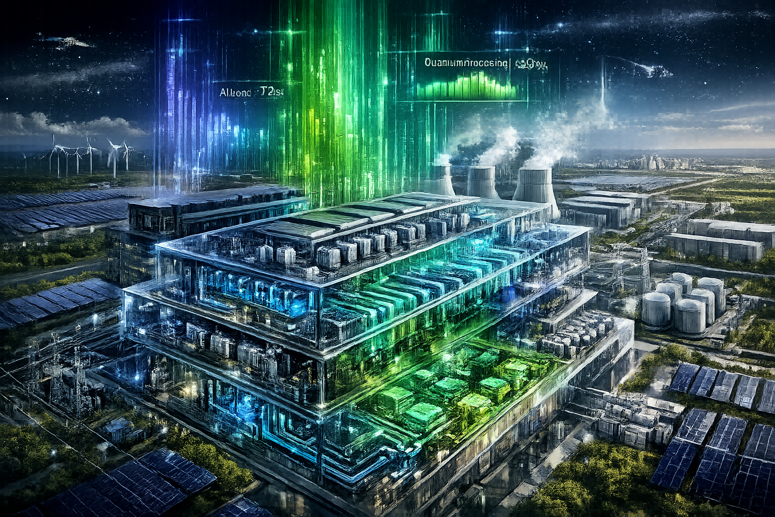 2026 Data Centre Development Landscape: Futuristic architectural rendering showing massive data centre complex with transparent infrastructu