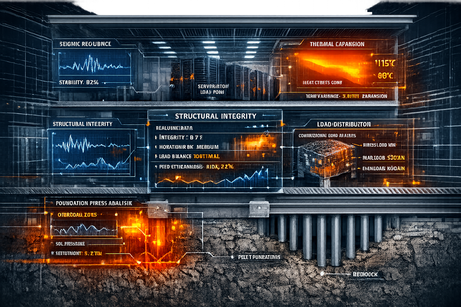 Building Survey Structural Assessment: Technical cross-section diagram revealing multi-layered structural risk assessment for data centre de