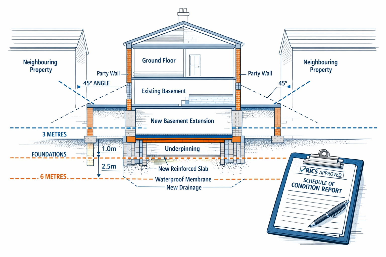 Detailed landscape format (1536x1024) editorial image showing cross-section architectural diagram of London terraced house basement conversi