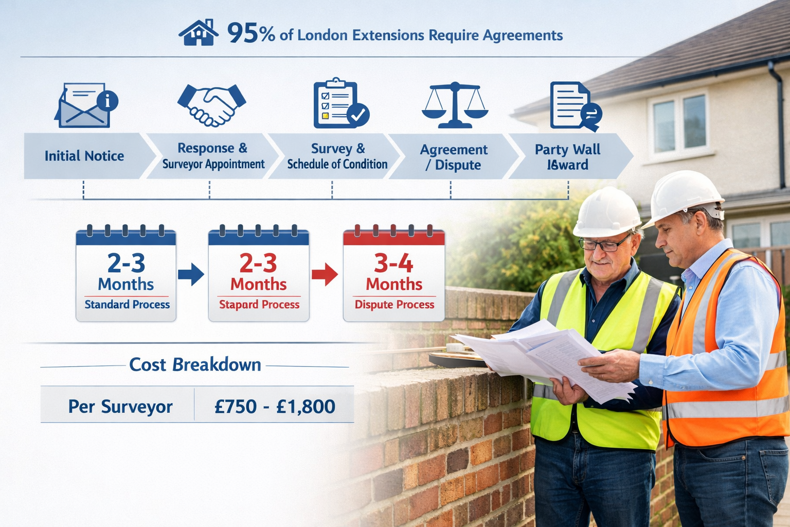 Professional landscape format (1536x1024) image depicting timeline infographic for party wall agreement process, horizontal flowchart showin