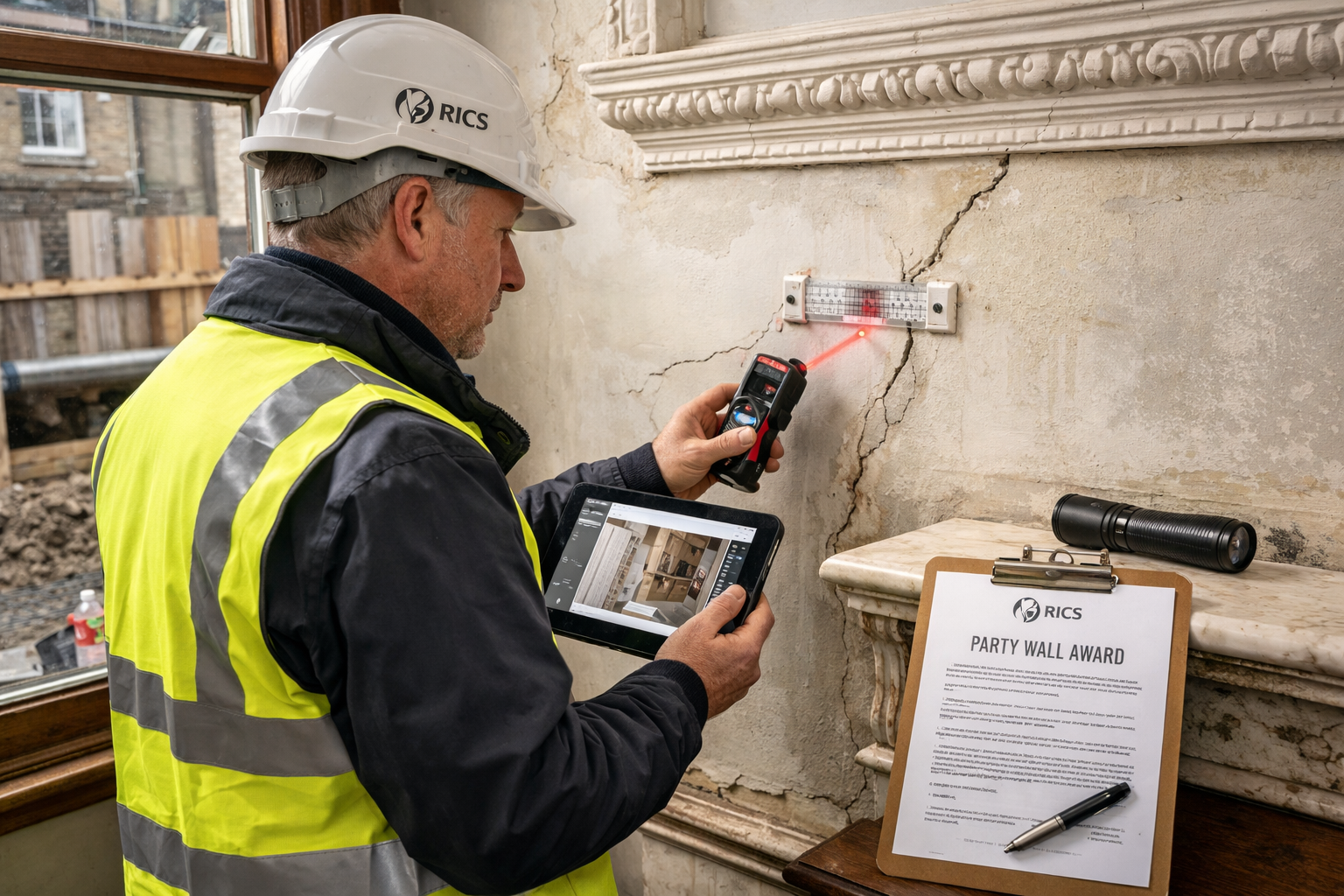 Detailed landscape format (1536x1024) photograph of professional RICS party wall surveyor conducting schedule of condition inspection in Lon