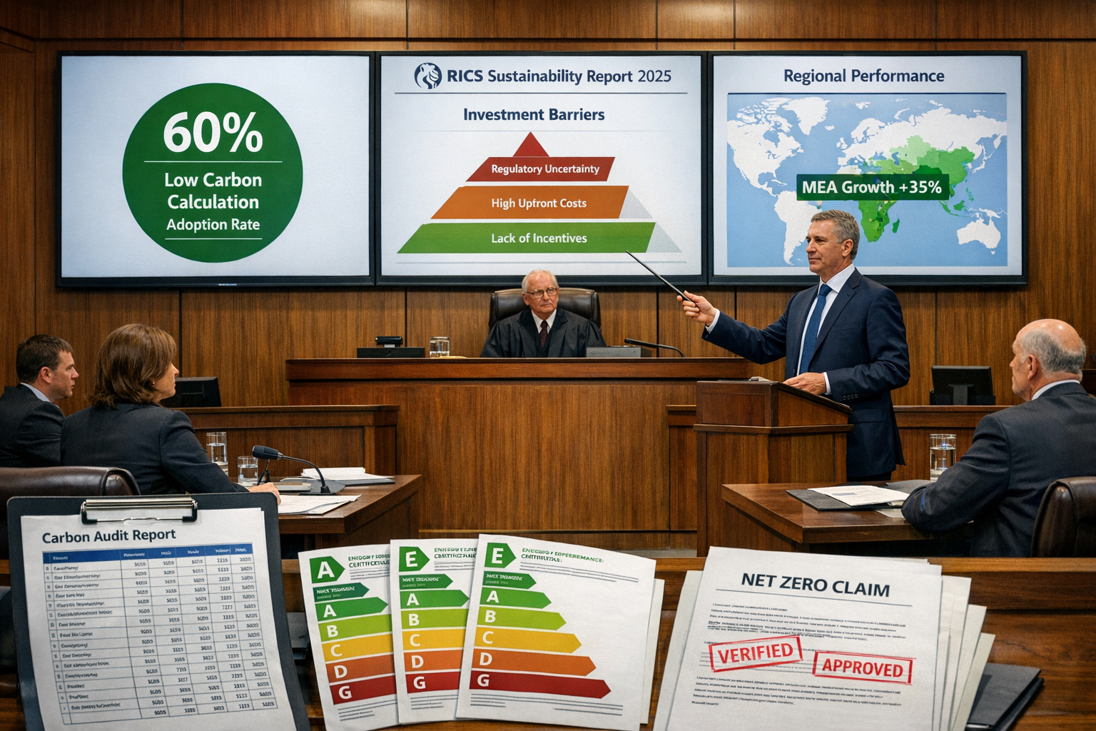 Detailed () showing professional expert witness stand in modern courtroom with large display screens showing RICS