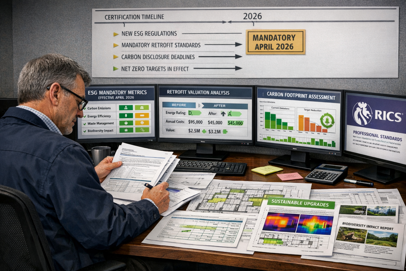 Detailed () illustrating cross-examination preparation scene with expert witness surveyor reviewing case files at