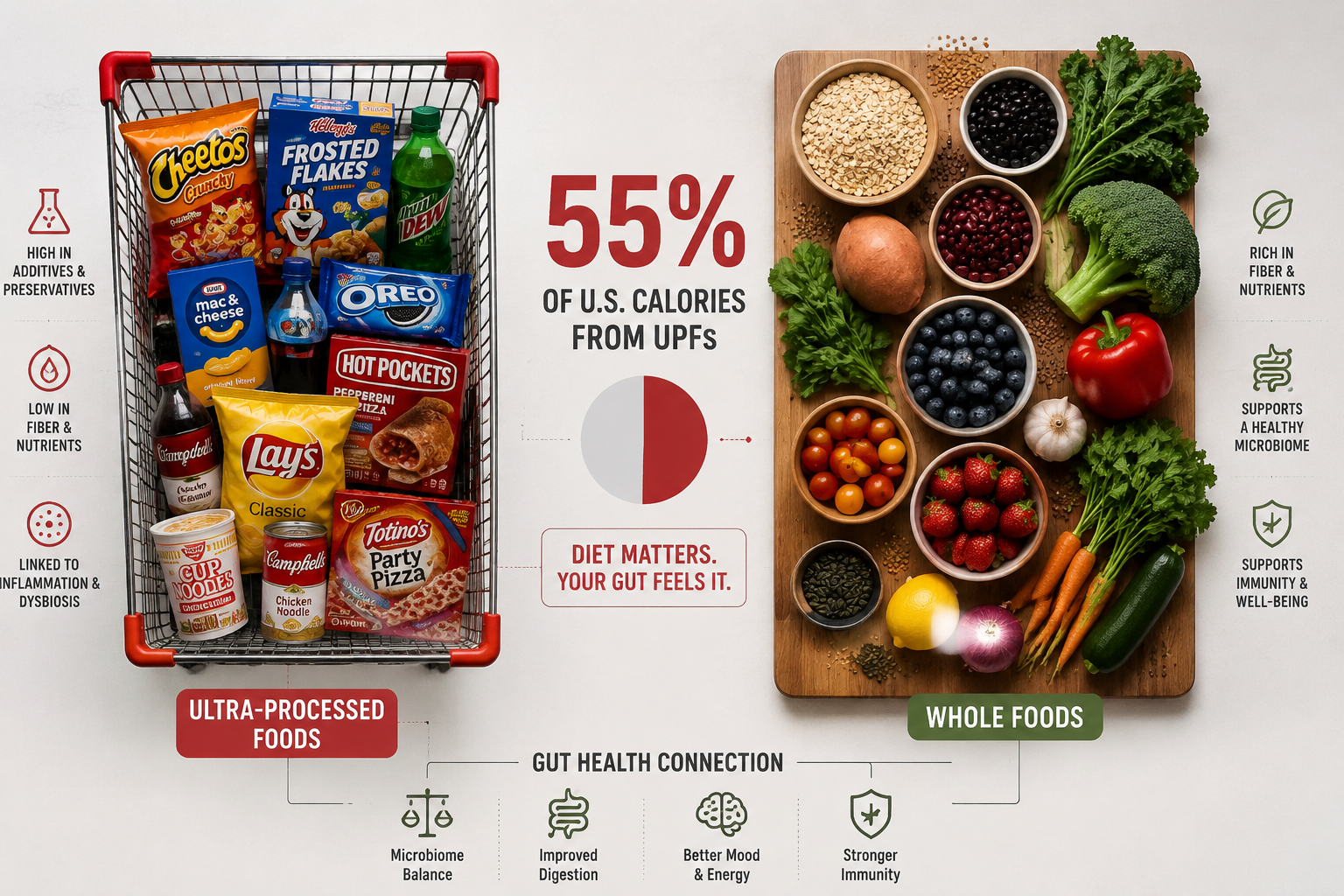 () editorial infographic-style image showing a side-by-side comparison of a typical American grocery cart filled with