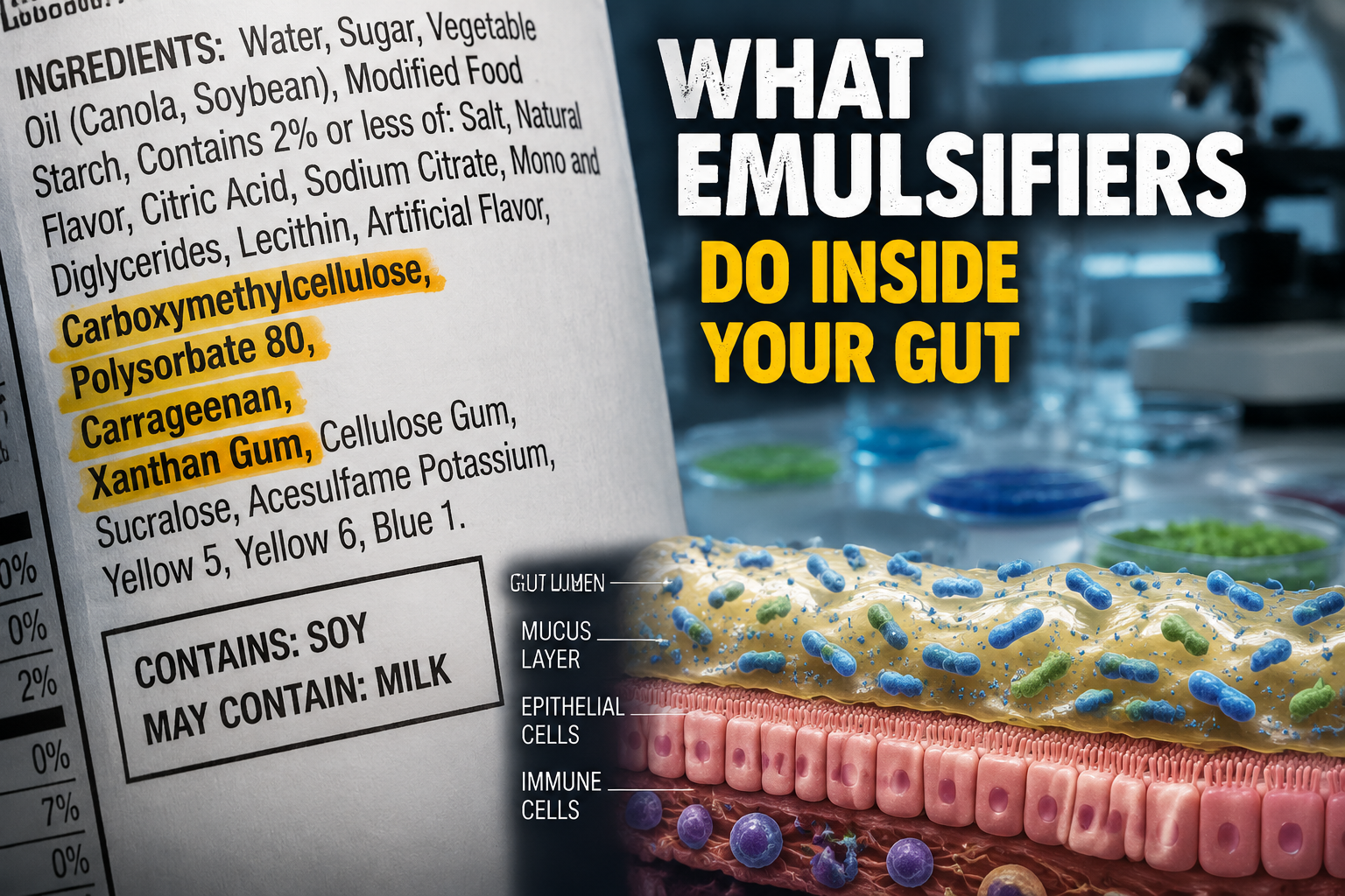 () close-up macro photography of a food ingredient label on a packaged product, showing emulsifier names like