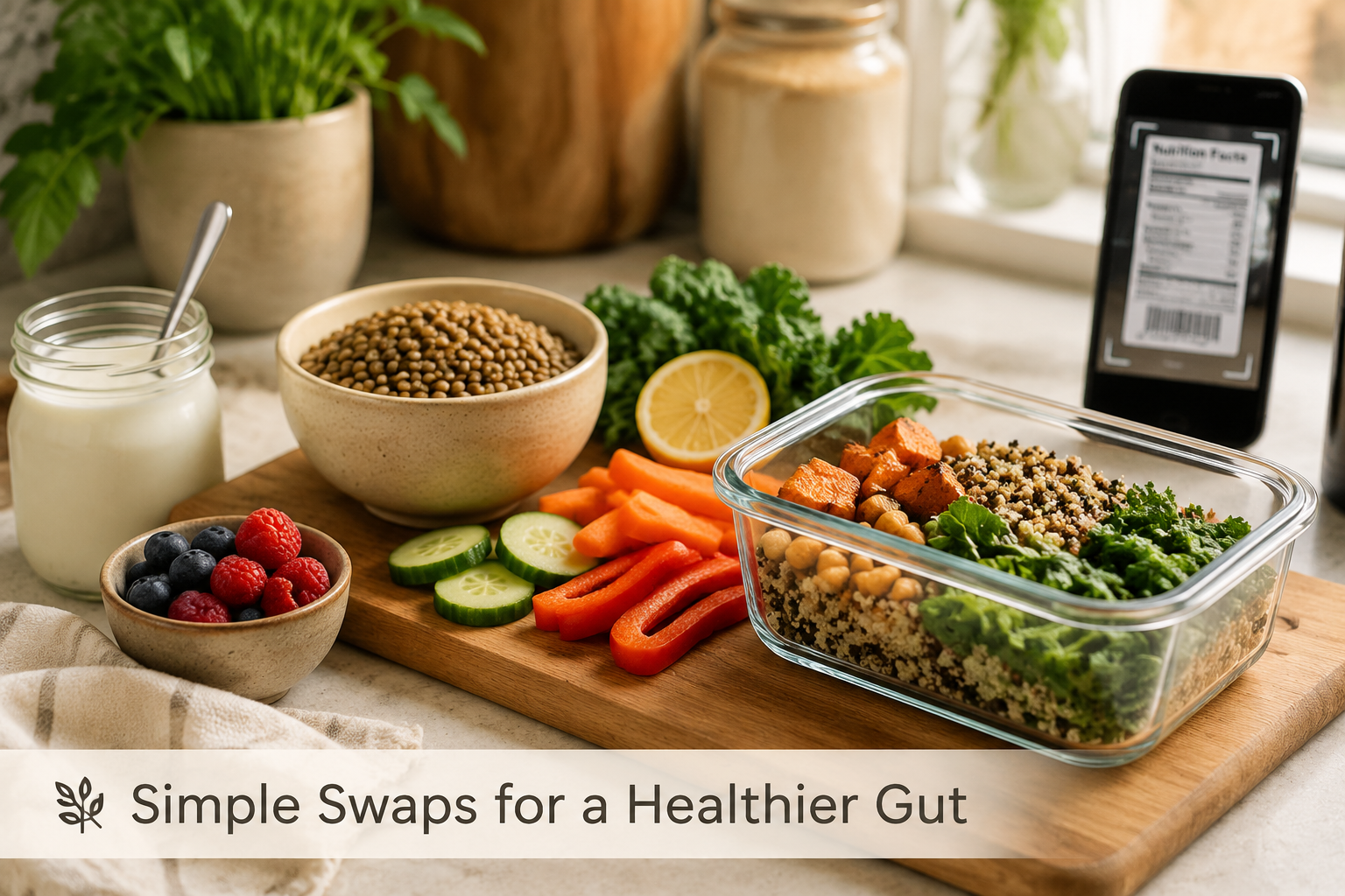 () practical kitchen scene photographed from a 45-degree angle showing a wooden cutting board with whole foods — sliced