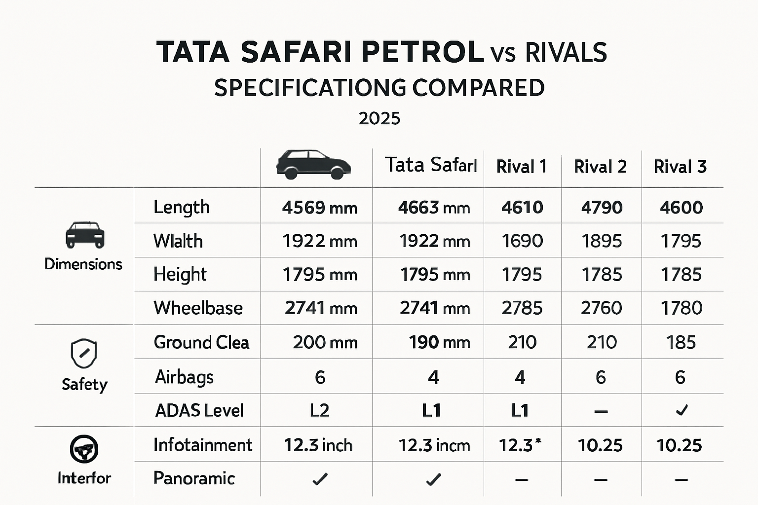 Tata Safari petrol vs rivals: Specifications compared