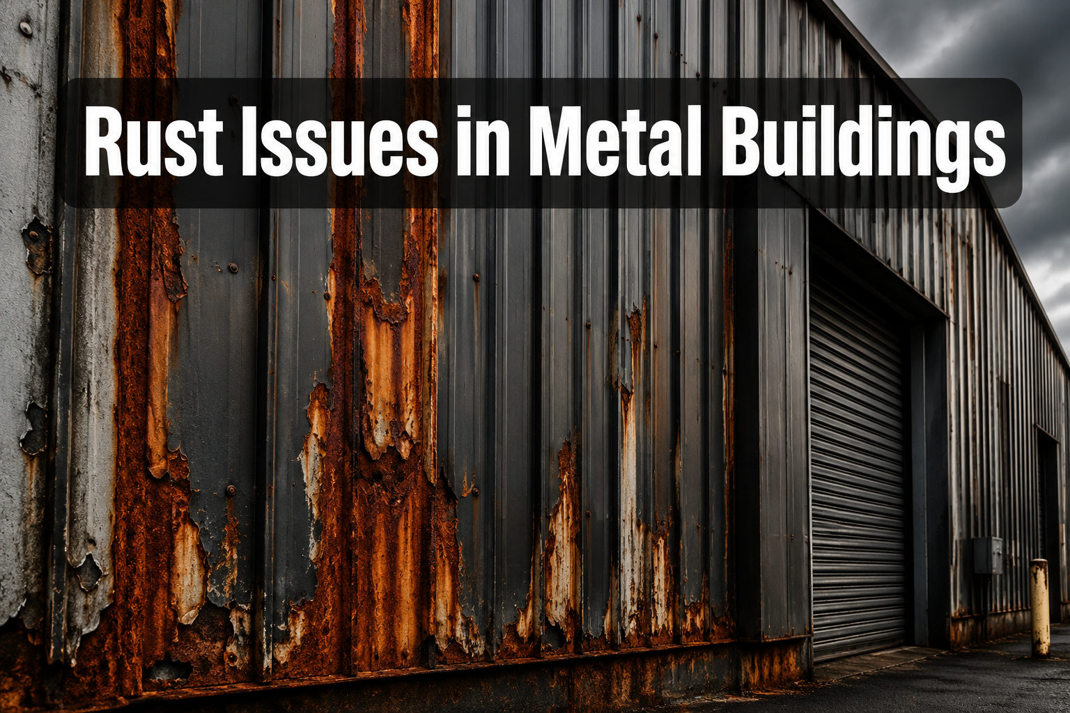 Professional () hero image with : 'Rust Issues in Metal Buildings' in extra large white with dark semi-transparent box,