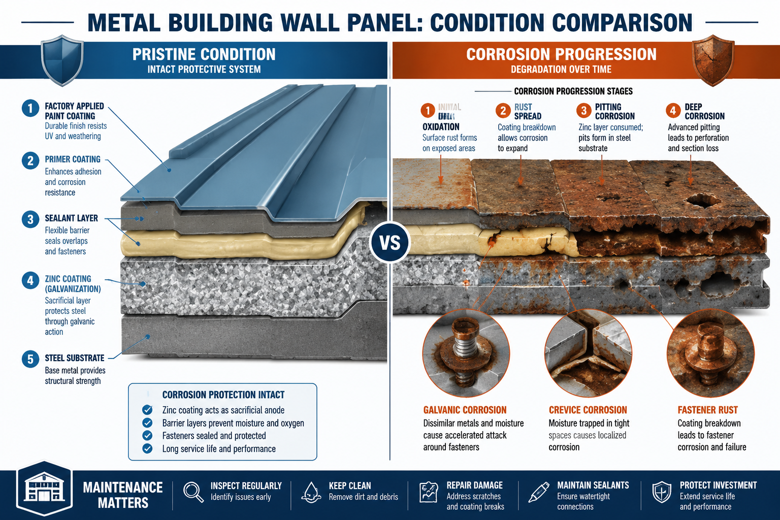 Detailed () instructional infographic-style image showing a side-by-side cross-section comparison of a metal building wall