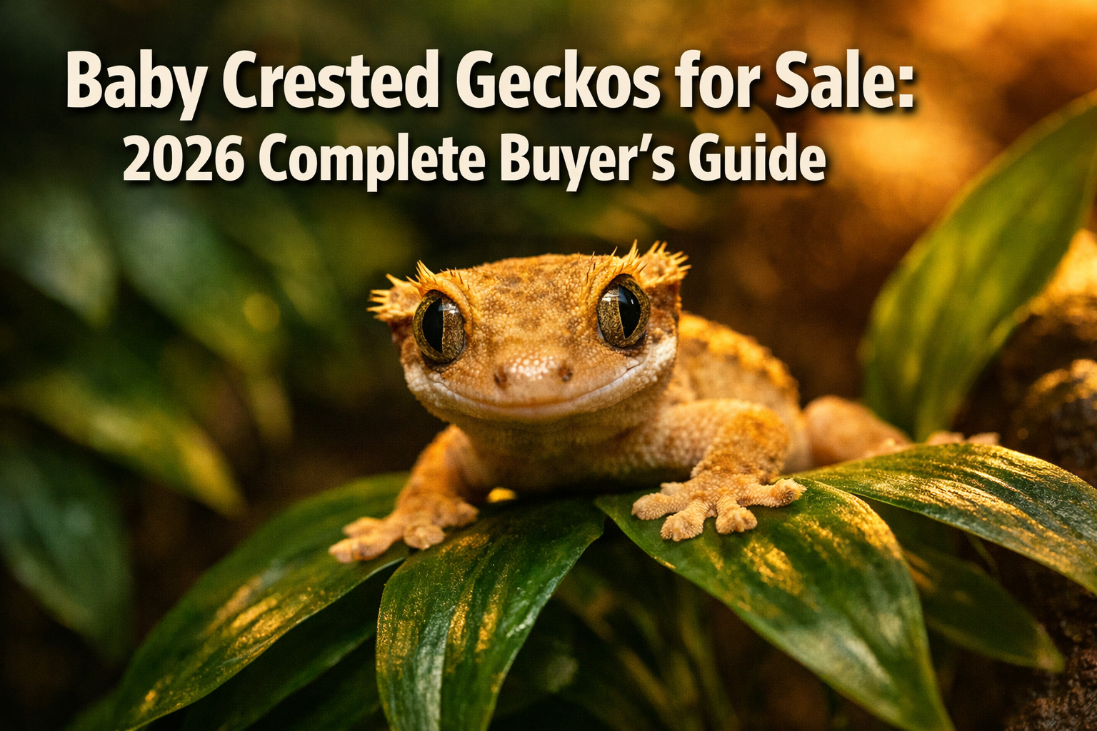 Professional landscape format (1536x1024) hero image featuring bold text overlay 'Baby Crested Geckos for Sale: 2026 Complete Buyer's Guide'