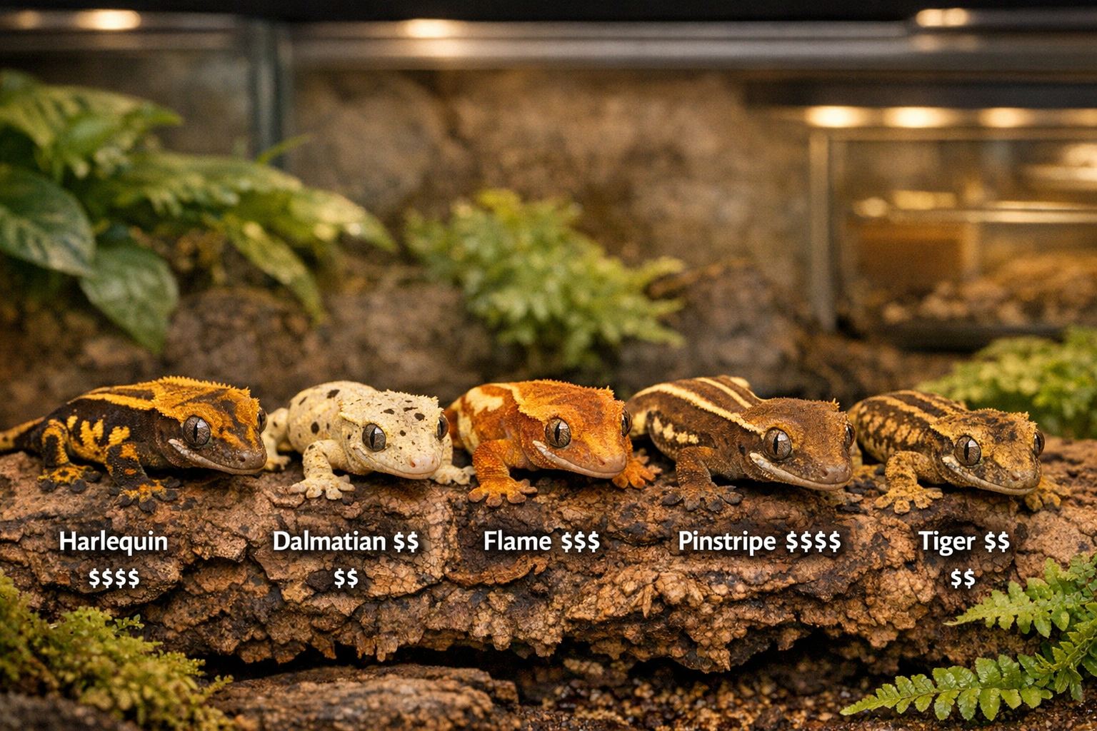 Landscape format (1536x1024) image showing collection of different baby crested gecko morphs side by side - harlequin pattern with bold stri