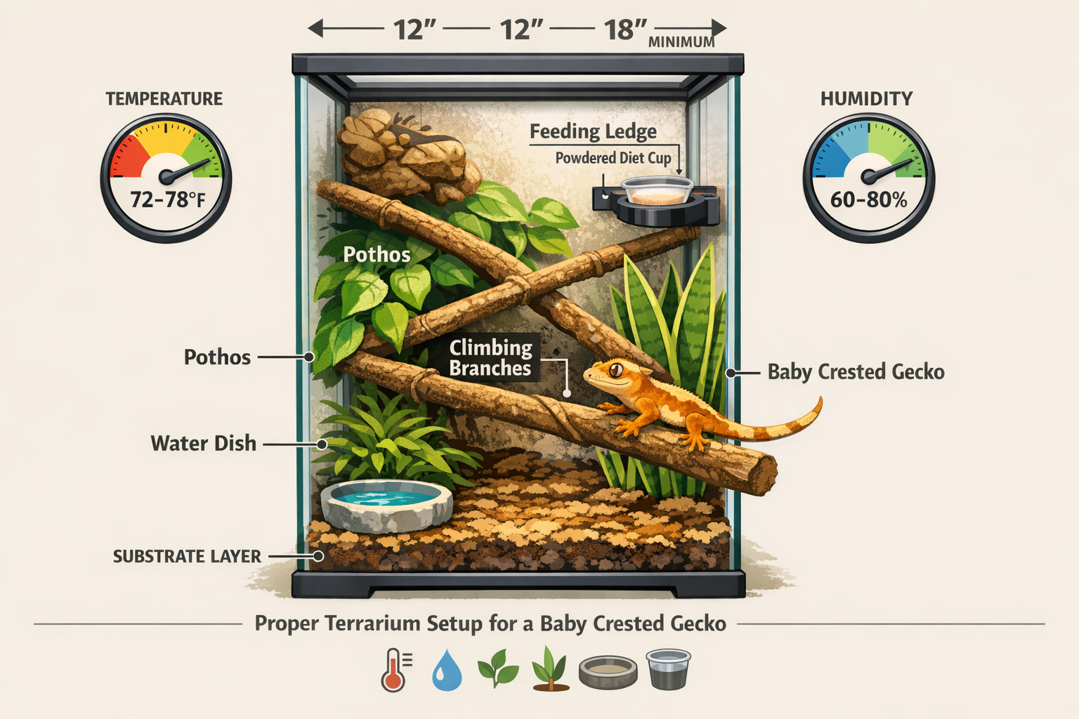 Landscape format (1536x1024) detailed infographic-style image showing baby crested gecko in properly sized terrarium with labeled components